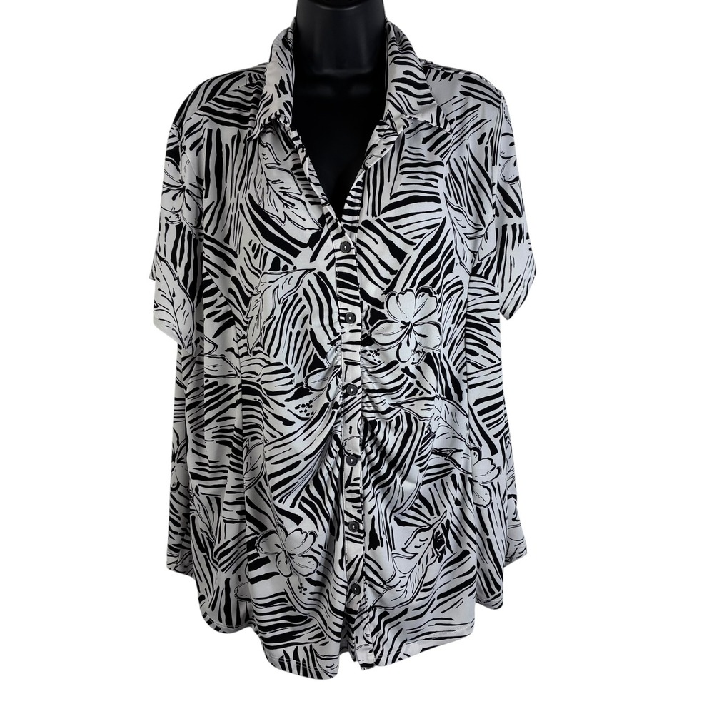 Susan Graver Women's Blouse Black Size 2x Button Up Collared Short Sleeve V Neck